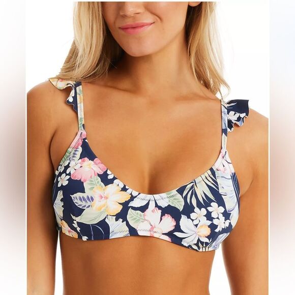 NWT Jessica Simpson Stranded In Paradise Floral Ruffled-Shoulder Bikini Bra - Picture 1 of 6